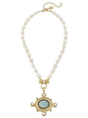 Gold-Tone Pearl Necklace with Green Glass Center Pendant
